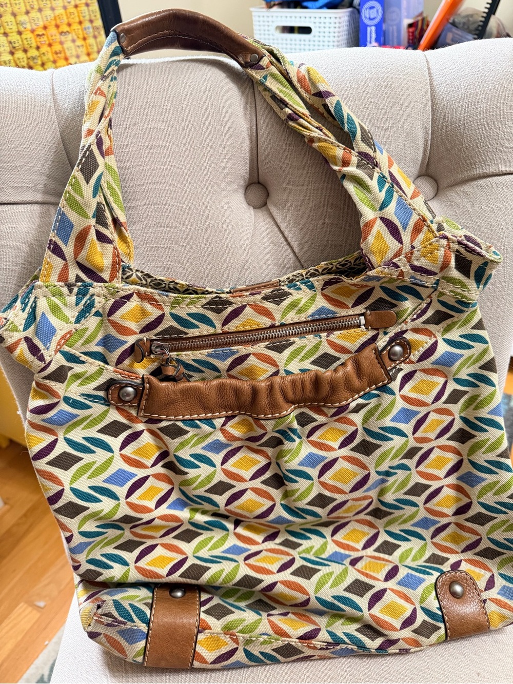 Fossil Multicolor Geometric Canvas Tote Bag with Brown Trim